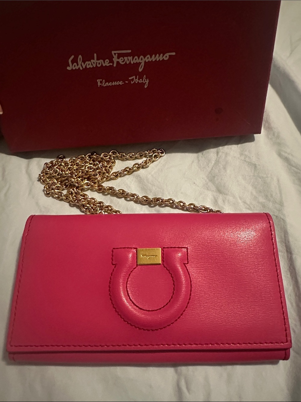 Authentic Salvatore Ferragamo Pink Leather Chain Wallet